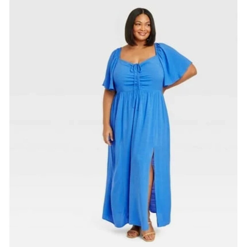 Blue Maxi Dress with Flutter Sleeves - Women